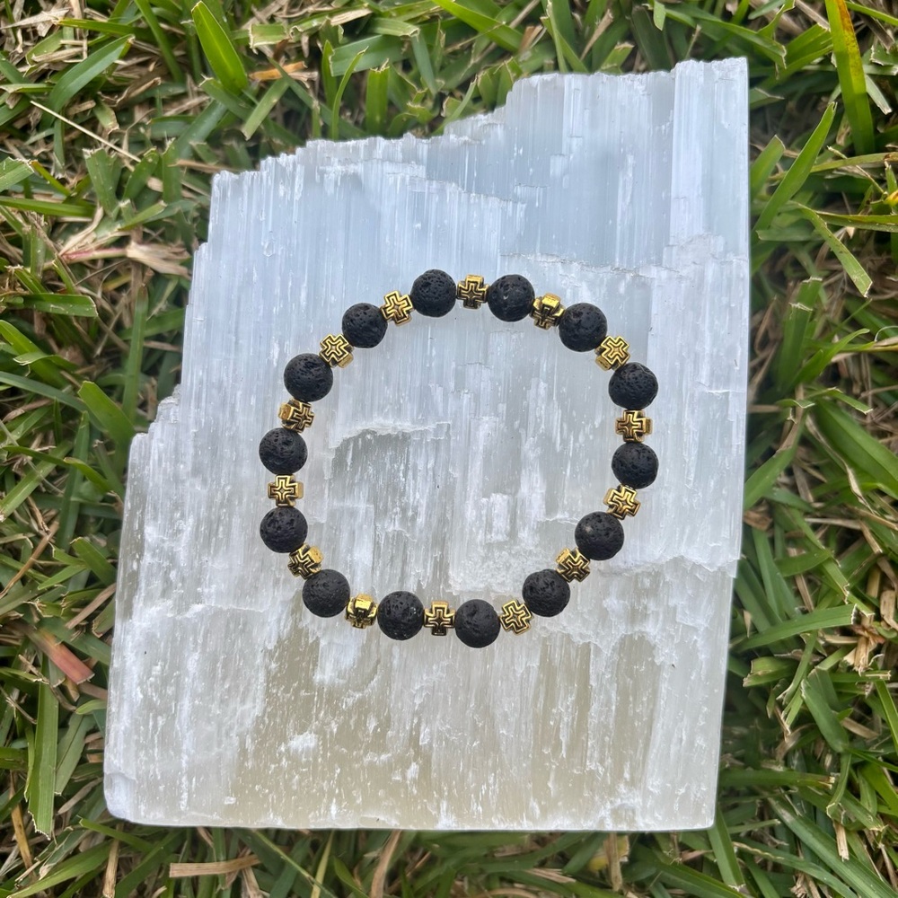 Black Lava Stone and Gold Beaded Bracelet